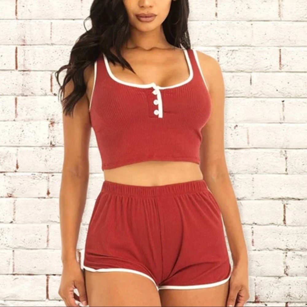Casual Ribbed Sleeveless Button Front Trim Cropped Tank Top and Shorts Set